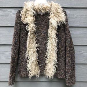 Ponsesa Faux Fur Collar Open Cardigan Medium